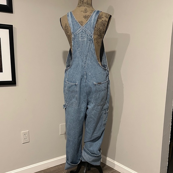 Calvin Klein Blue distressed Denim bib Overalls carpenter jeans size large - Picture 3 of 11